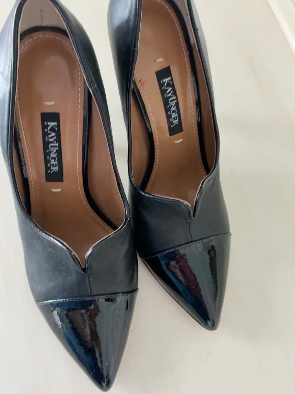 Kay Unger Black Pointed Toe Patent-Cap Pumps